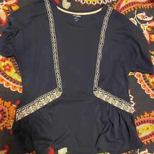 Navy w/cream embroidery detail peplum top